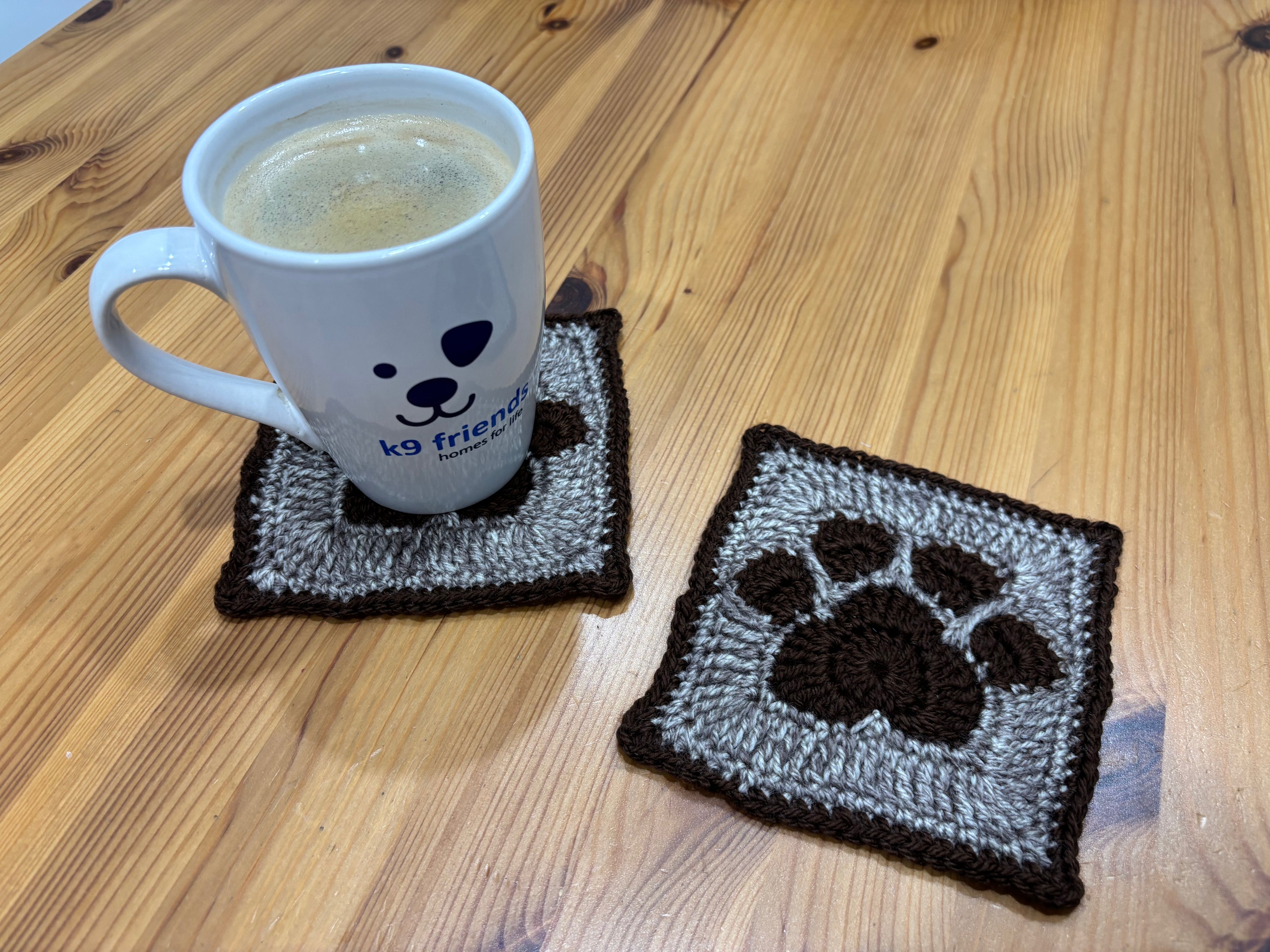 Set of 2 coasters in assorted colors hand made by the volunteers at K9 friends