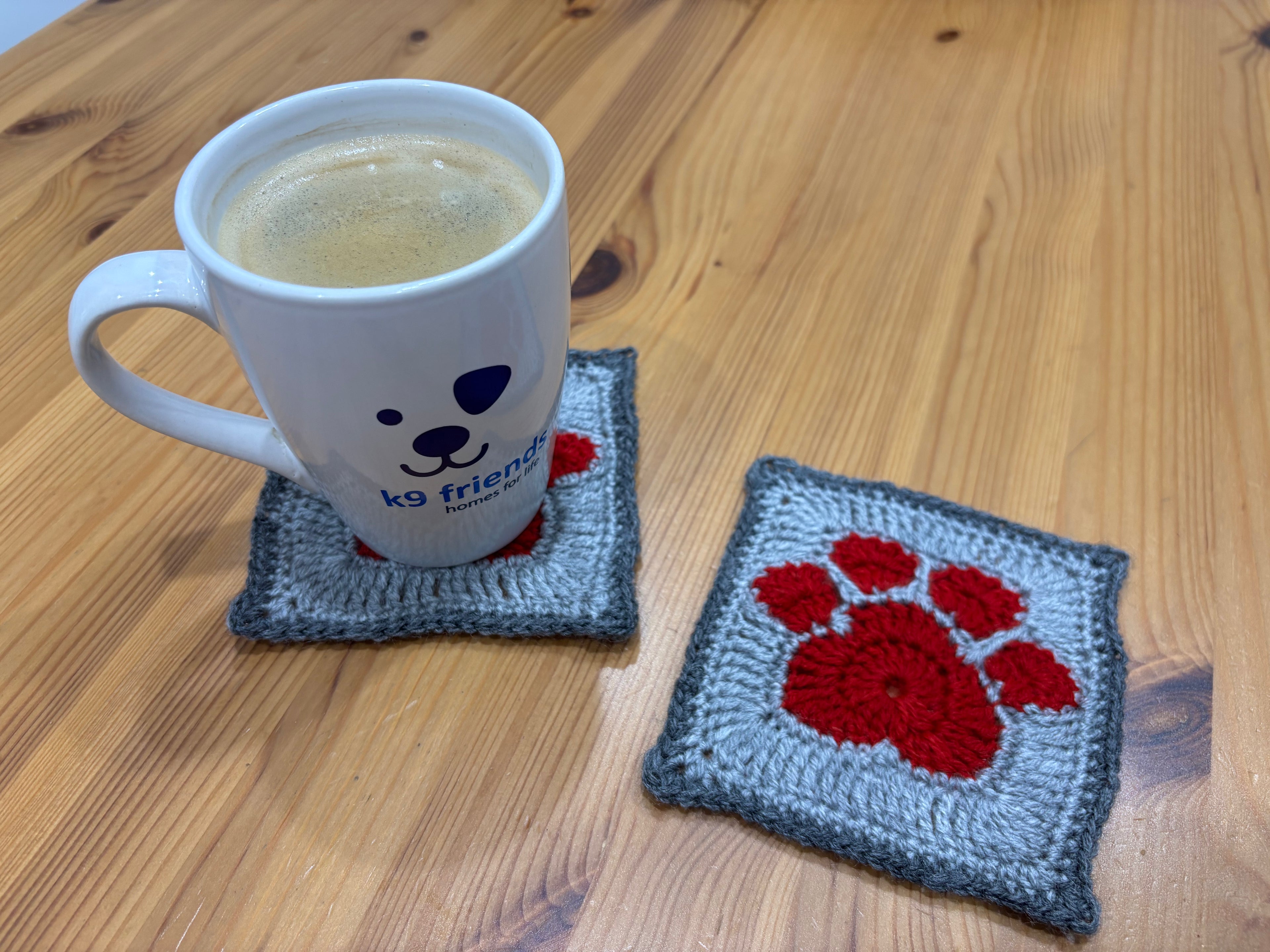 Set of 2 coasters in assorted colors hand made by the volunteers at K9 friends